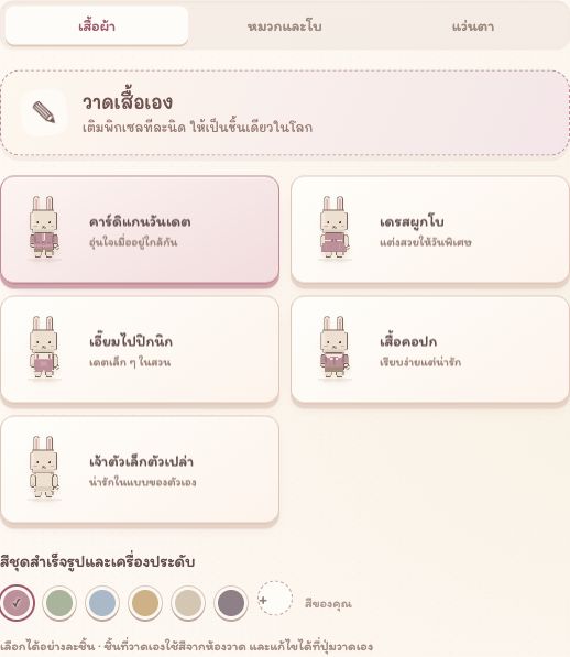 แท็บเสื้อผ้า หมวกและโบ แว่นตา ปุ่มวาดเสื้อเอง และชุดสำเร็จรูป